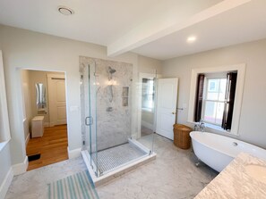 Hair dryer, towels, soap, shampoo