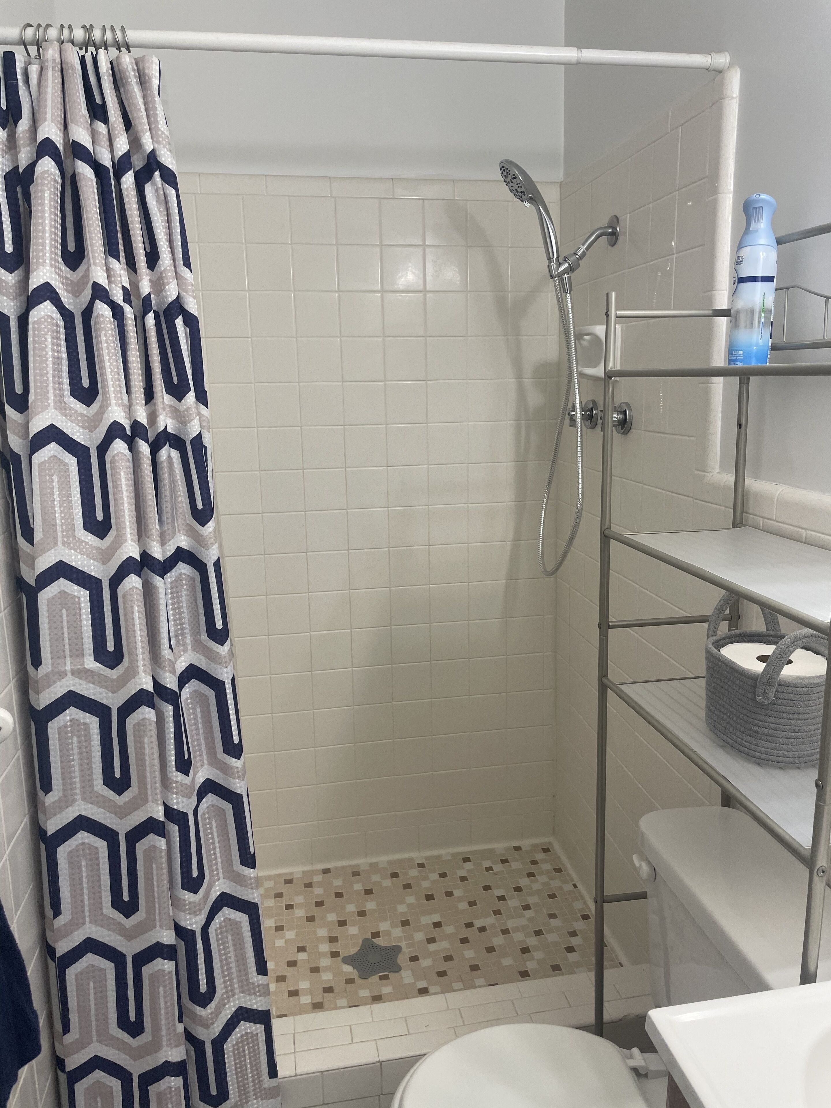 Shower, hair dryer, towels, toilet paper