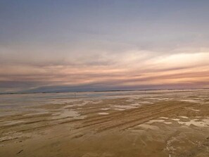 A wide, open beach with a flat, muddy surface and a distant shoreline.