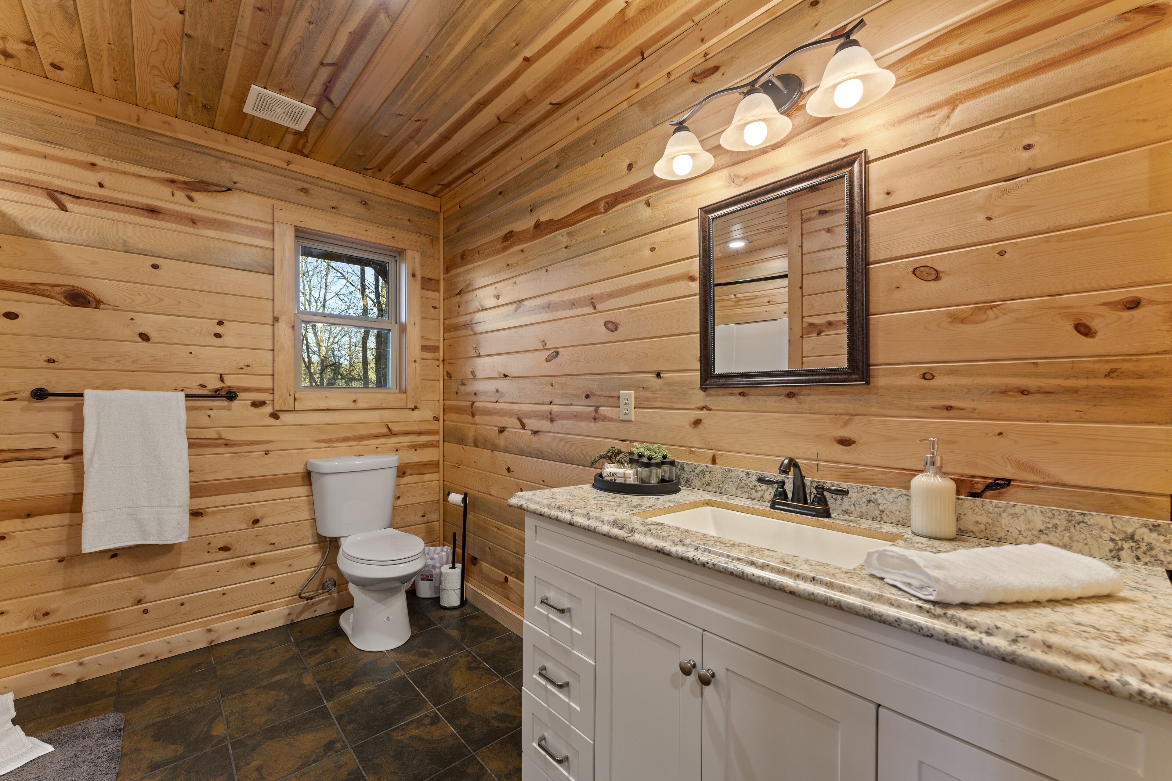 Un bagno in una baita di legno, con il water, un lavandino e uno specchio.