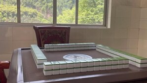 Een mahjongtafel met tegels in een bepaald patroon, een stoel en een raam met uitzicht op groen.