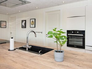 A modern kitchen with a stainless steel sink, a built-in oven, and a potted plant.