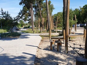 Un sendero pavimentado con postes y bancos de madera, rodeado de árboles y vegetación.