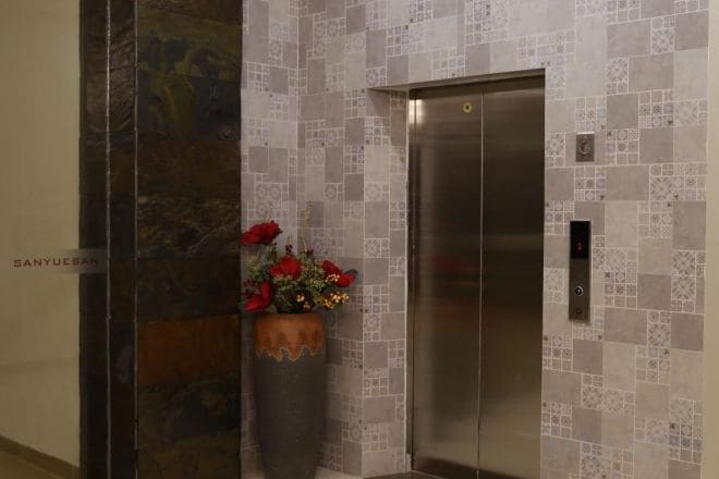 Un ascensor con un panel de control digital, una planta en maceta con flores rojas y una pared con azulejos de diseño geométrico.