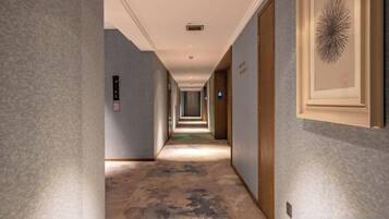 A long, narrow hallway with a carpeted floor, doors on both sides, and a light fixture on the ceiling.