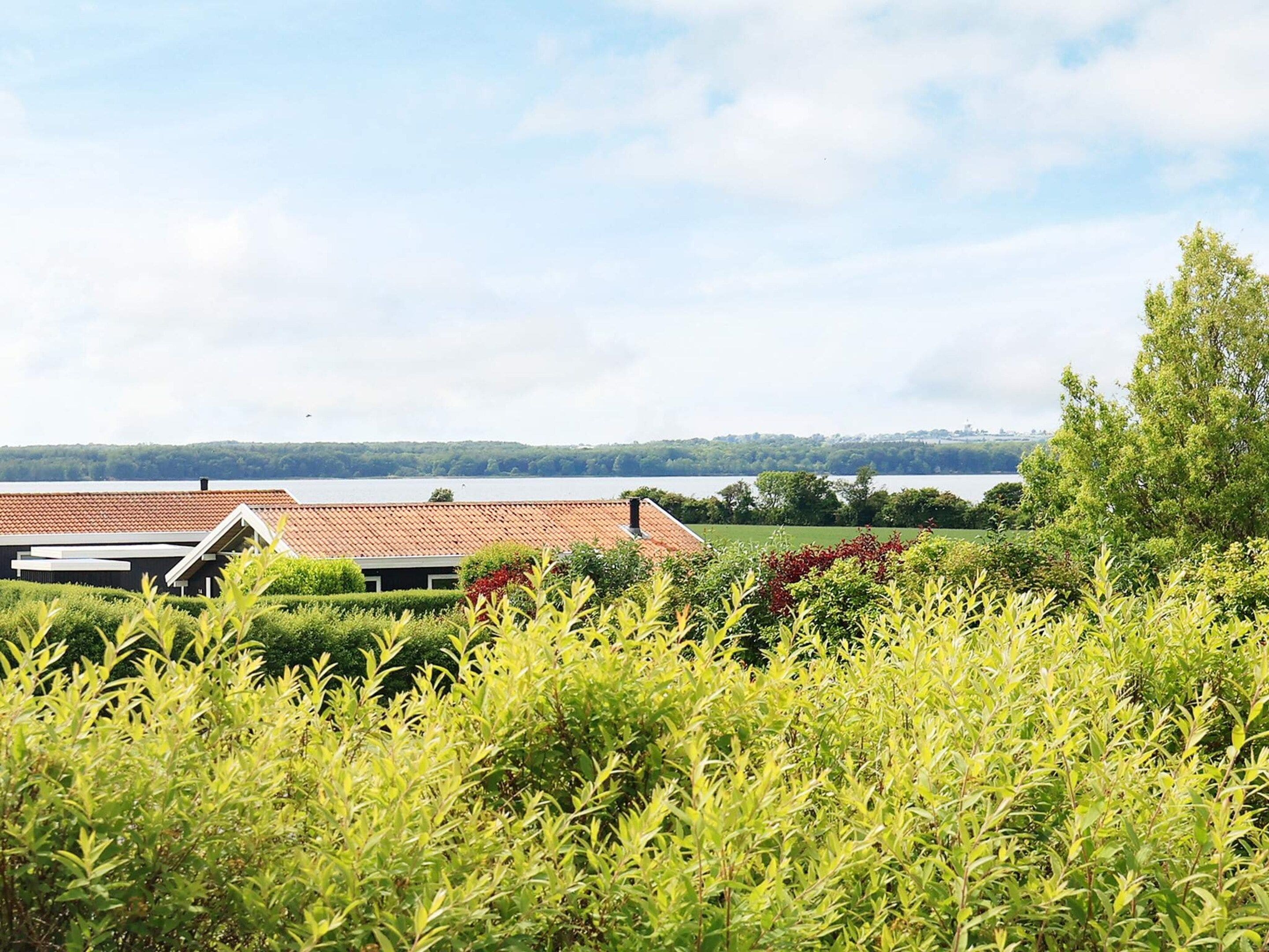 A residential area with houses and a lake in the background.