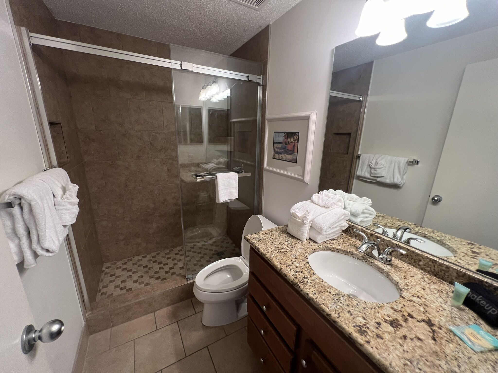 A modern bathroom with a glass-enclosed shower, a toilet, a sink with a granite countertop, and a large mirror.