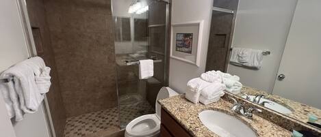 A modern bathroom with a glass-enclosed shower, a toilet, a sink with a granite countertop, and a large mirror.