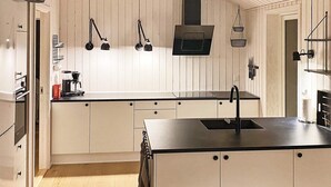 A modern kitchen with white cabinetry, a black countertop, and a central island with a sink. There are three pendant lights, a black range hood, and a hanging basket. - 8 Person Holiday Home in Vaeggerlose (Vaeggerlose)
