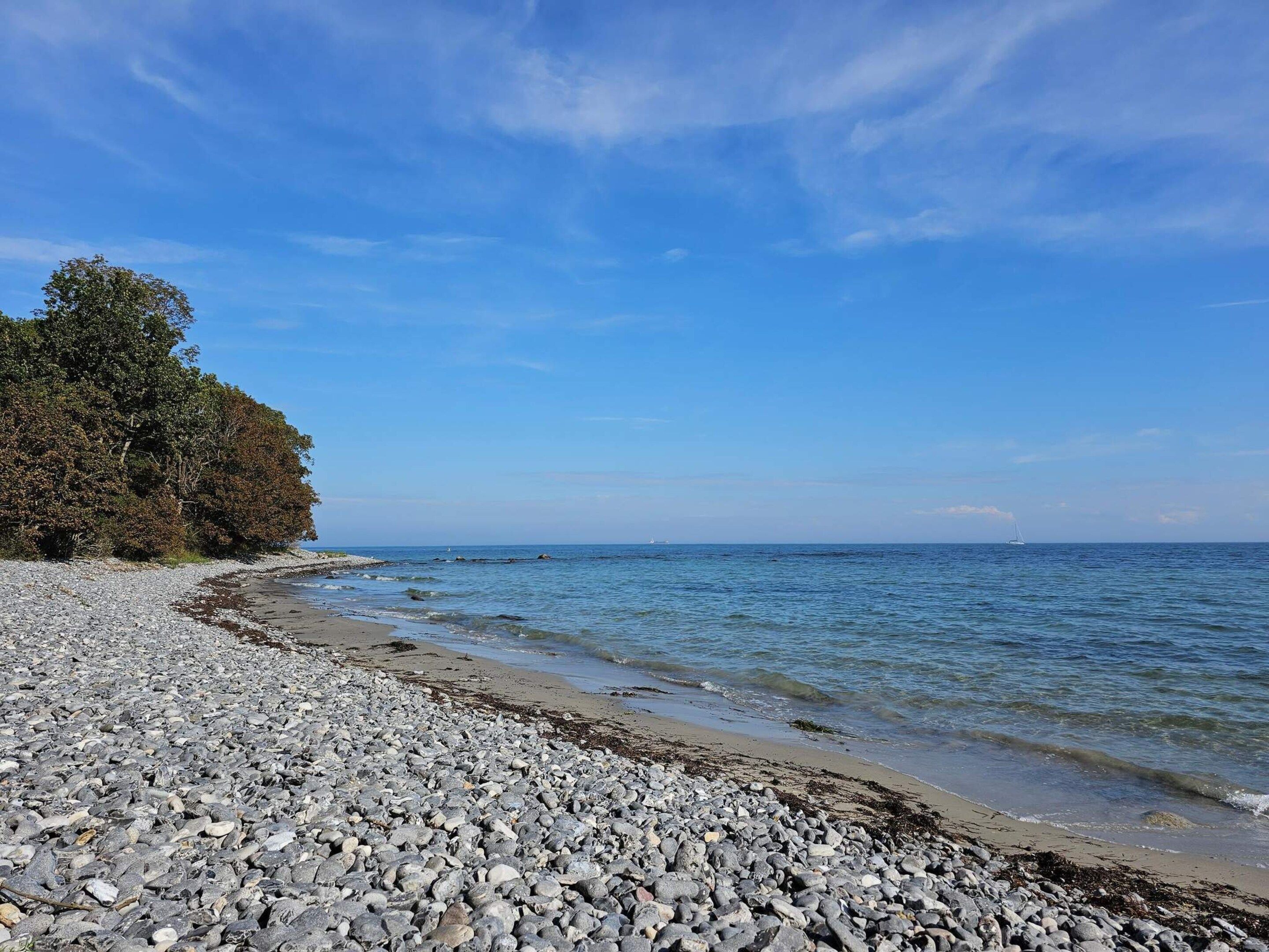A pebbly beach with a rocky shoreline, a tree line, and calm sea.