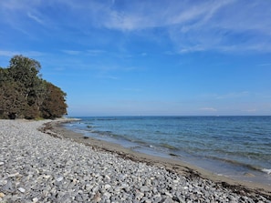 A pebbly beach with a rocky shoreline, a tree line, and calm sea.