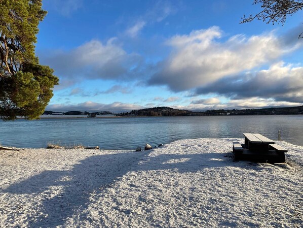 Une vue sur le lac, avec une table de pique-nique et des bancs installés sur un sol enneigé.