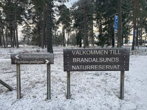 Panneaux de signalisation indiquant la direction de la réserve naturelle de Brandalsund et du sentier de randonnée de Trindborg/Fornborg.