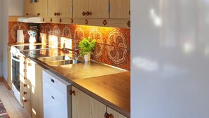 A kitchen with wooden cabinets, a stainless steel sink, and a potted plant. - 4 Star Holiday Home in Ullared (Ullared)