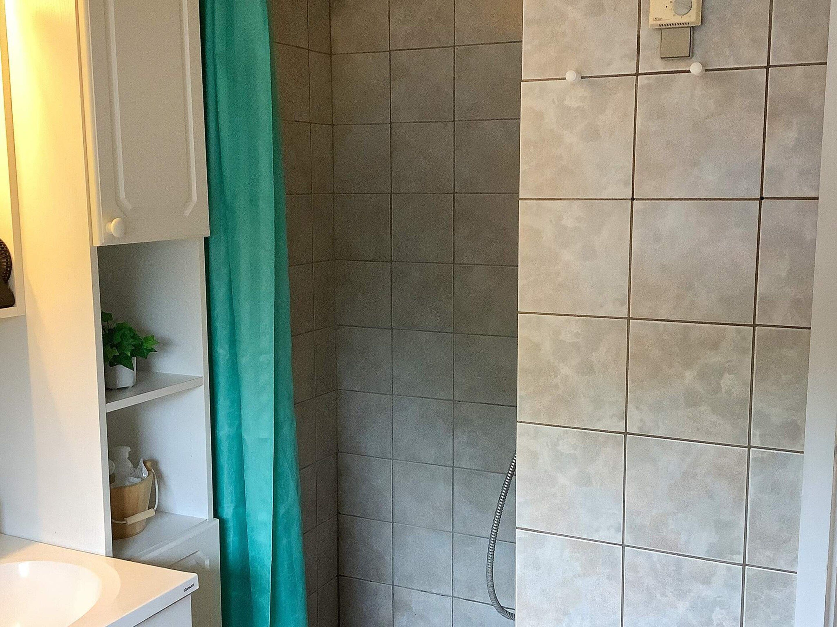 Un baño con ducha, un lavabo blanco y una repisa con una planta en maceta.