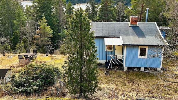 A small blue house with a grey roof, surrounded by trees and a lake in the background. - 5 Person Holiday Home in Tyreso (Tyreso)