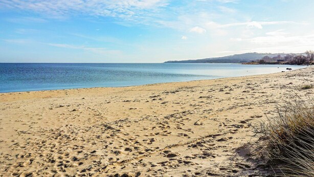 A beach with footprints, a clear sky, and a distant shoreline. - 6 Person Holiday Home in Blentarp (Blentarp)
