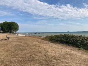 A grassy area with a body of water, a dock, and a distant shoreline.