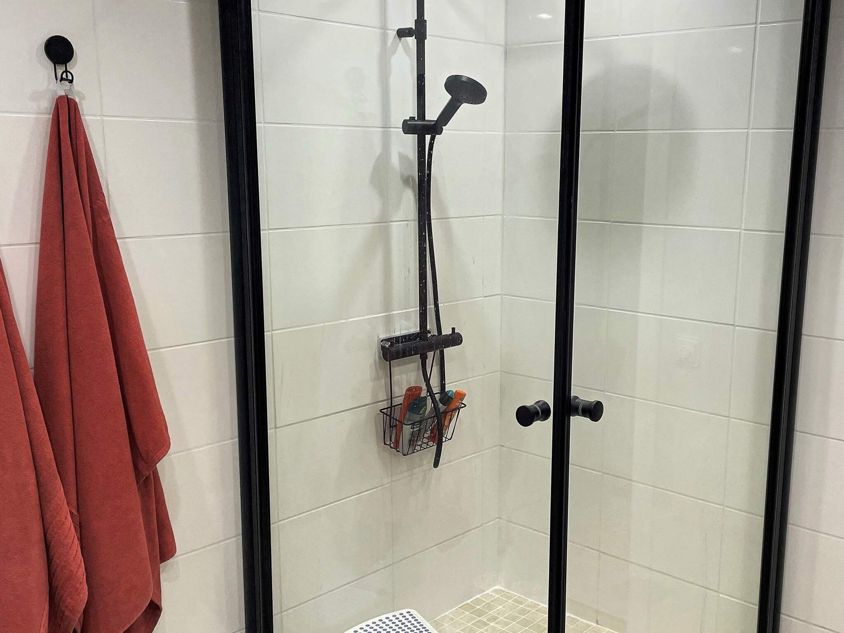 Een douchecabine met glazen wanden, een handdouche, een wandmengkraan en een zeepbak met flessen.