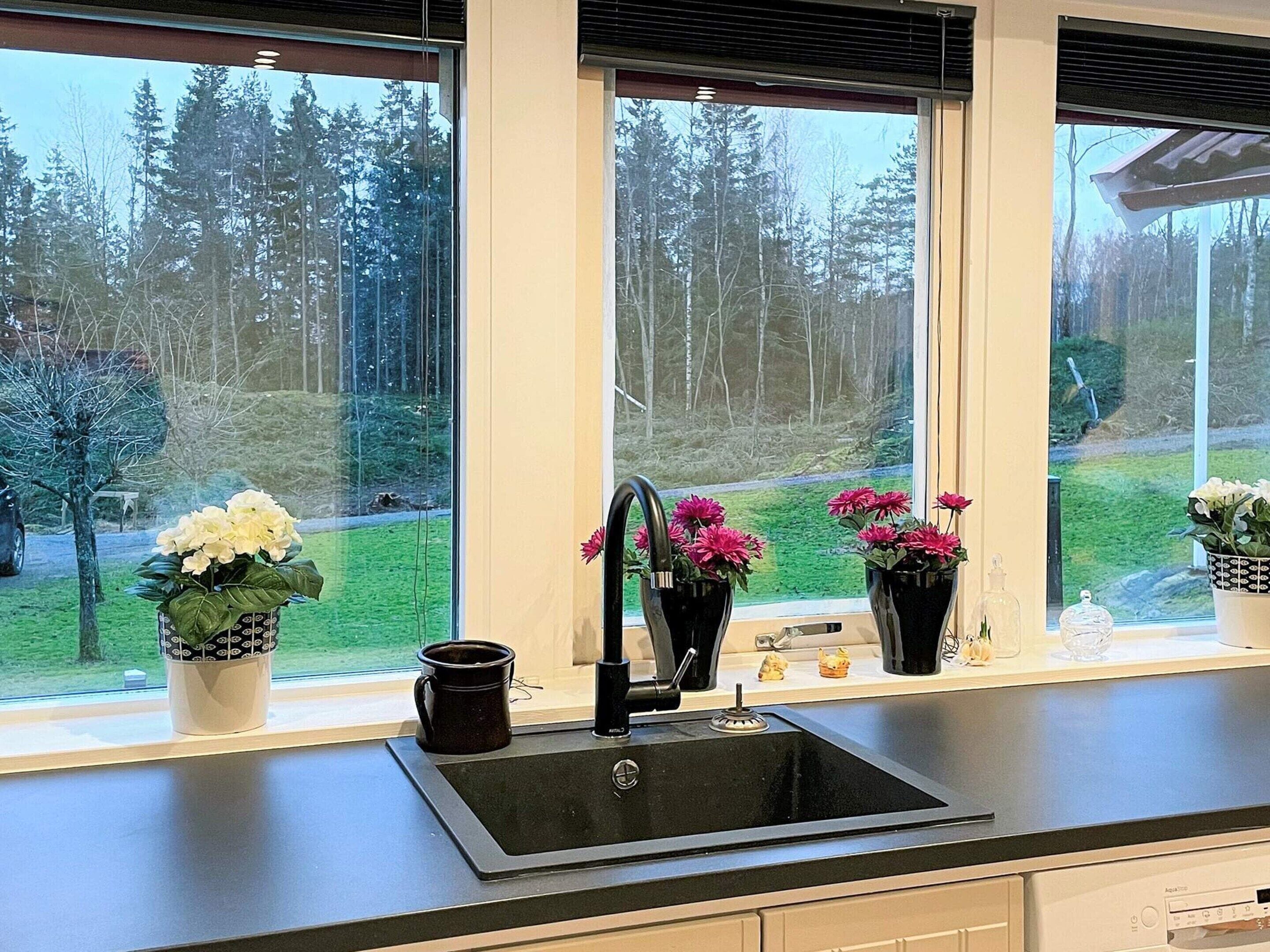 Una cocina con un lavamanos negro, tres plantas en macetas y una ventana con vistas a un área boscosa.