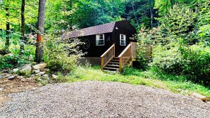 A rustic cabin with a wooden staircase leading to a deck, surrounded by dense forest.
