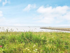 A coastal landscape with a body of water, grassy areas, and a rocky outcrop.