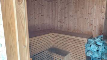 A sauna room with wooden walls and benches.