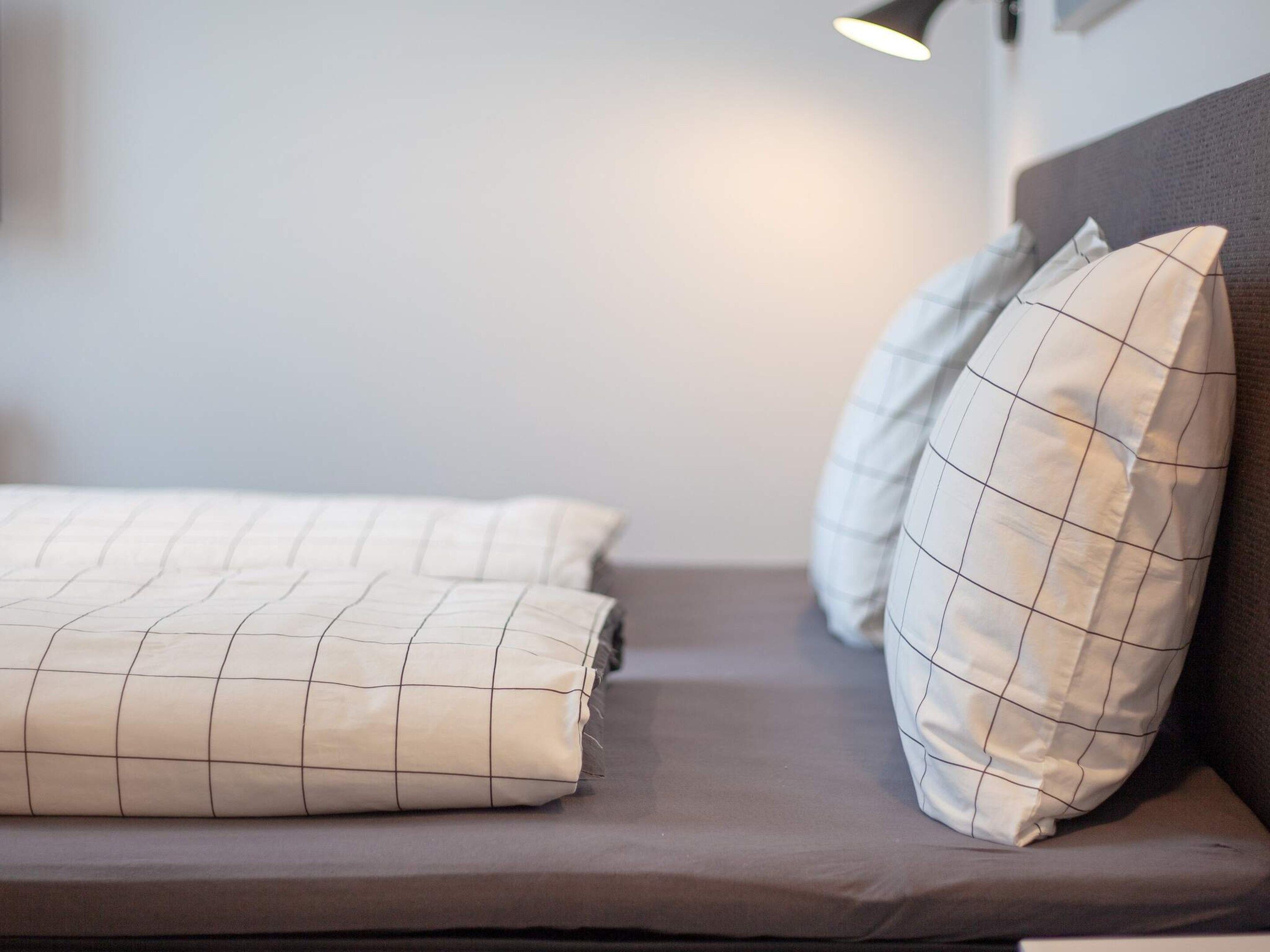 A bed with a headboard, two pillows, and a bedside lamp.