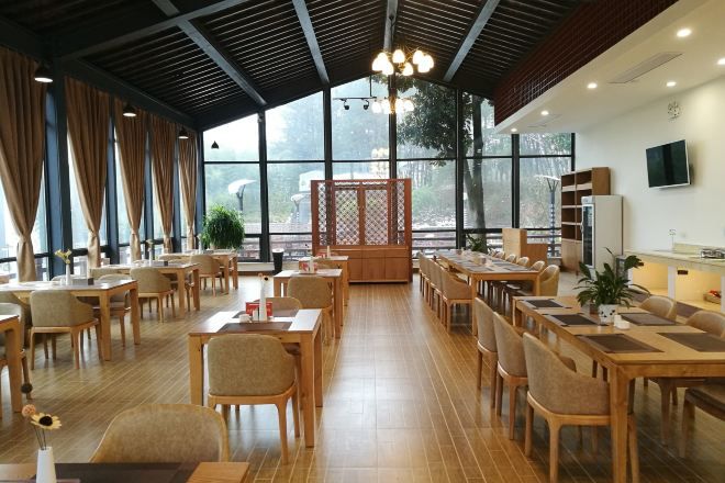 A spacious dining area with multiple wooden tables and chairs, large windows, and a modern ceiling design.