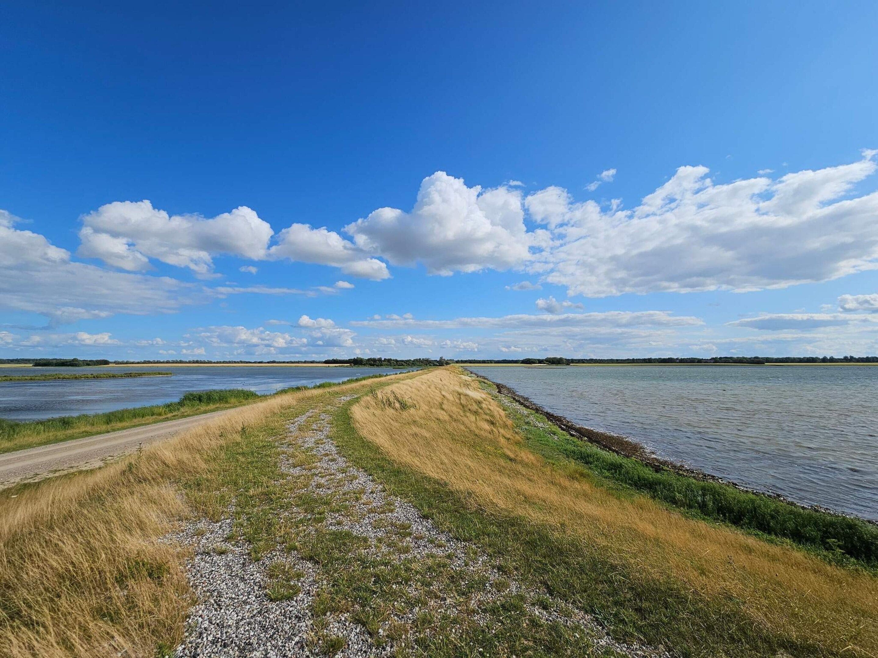 A riverbank path with gravel and grass, leading to a body of water under a clear sky.