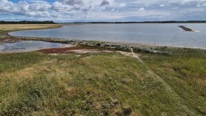 A natural landscape with a body of water, grassy areas, and a distant tree line. - 4 Star Holiday Home in Bogense (Bogense)