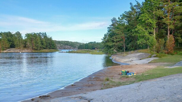 A rocky shoreline with a calm lake, surrounded by dense trees and a distant bridge.