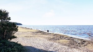 A beach with a sandy shore, a small structure, and a line of trees.