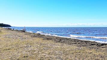 A beach with a clear sky, waves, and a distant shoreline.