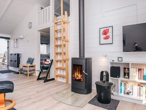 A modern living room with a wood-burning stove, a bookshelf, and a ladder.