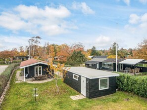 A row of modern, black-roofed cabins with a grassy yard and autumn foliage in the background.