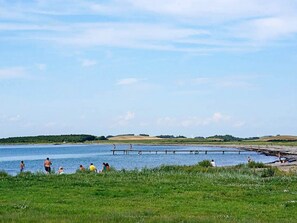 Une zone au bord du lac où l’on peut voir des gens se baigner et se promener le long d’une jetée en bois.