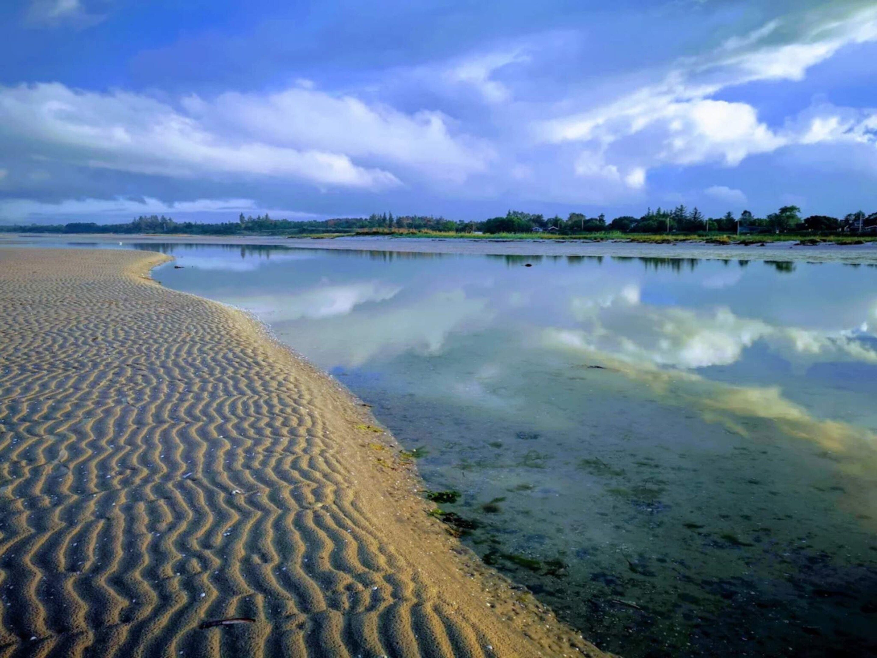 Una playa con arena dorada y agua tranquila que refleja el cielo.