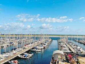 Uma marina com numerosos barcos atracados em fileiras, céu claro e água calma.
