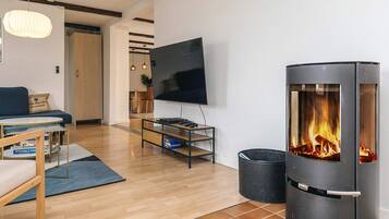 A modern living room with a fireplace, a sofa, a TV, and a coffee table.