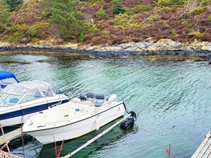 A boat docked at a pier with a rocky shoreline and vegetation in the background.