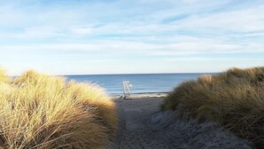 Ein Strandweg, der zum Meer führt, gesäumt von hohem Gras.