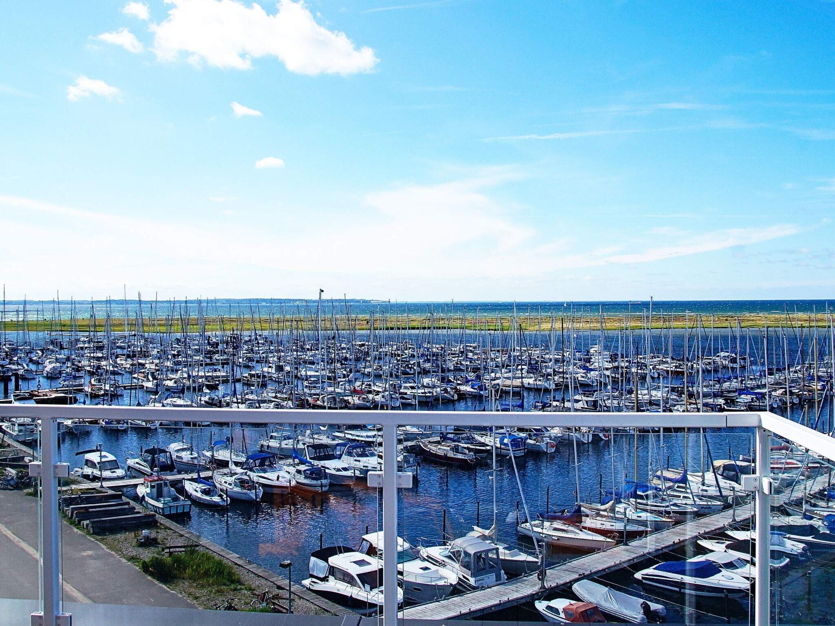 A marina with numerous boats docked, a clear sky, and a view of the distant shoreline.