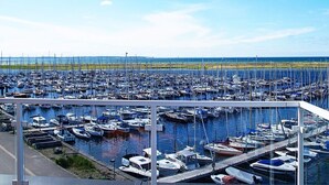 Un port de plaisance où de nombreux bateaux sont amarrés, un ciel dégagé et une vue sur la côte lointaine.