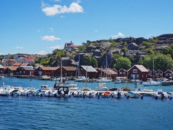 Un puerto con barcos amarrados, casas rojas y colinas rocosas al fondo.