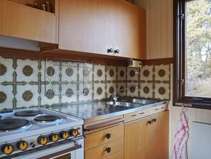 Una cocina con estufa, fregadero y armarios de madera.