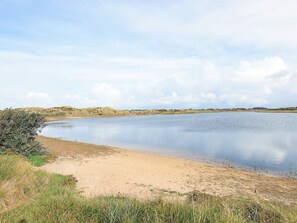 A calm lake with sandy shores and sparse vegetation. - 5 Star Holiday Home in Oksbol (Oksbol)