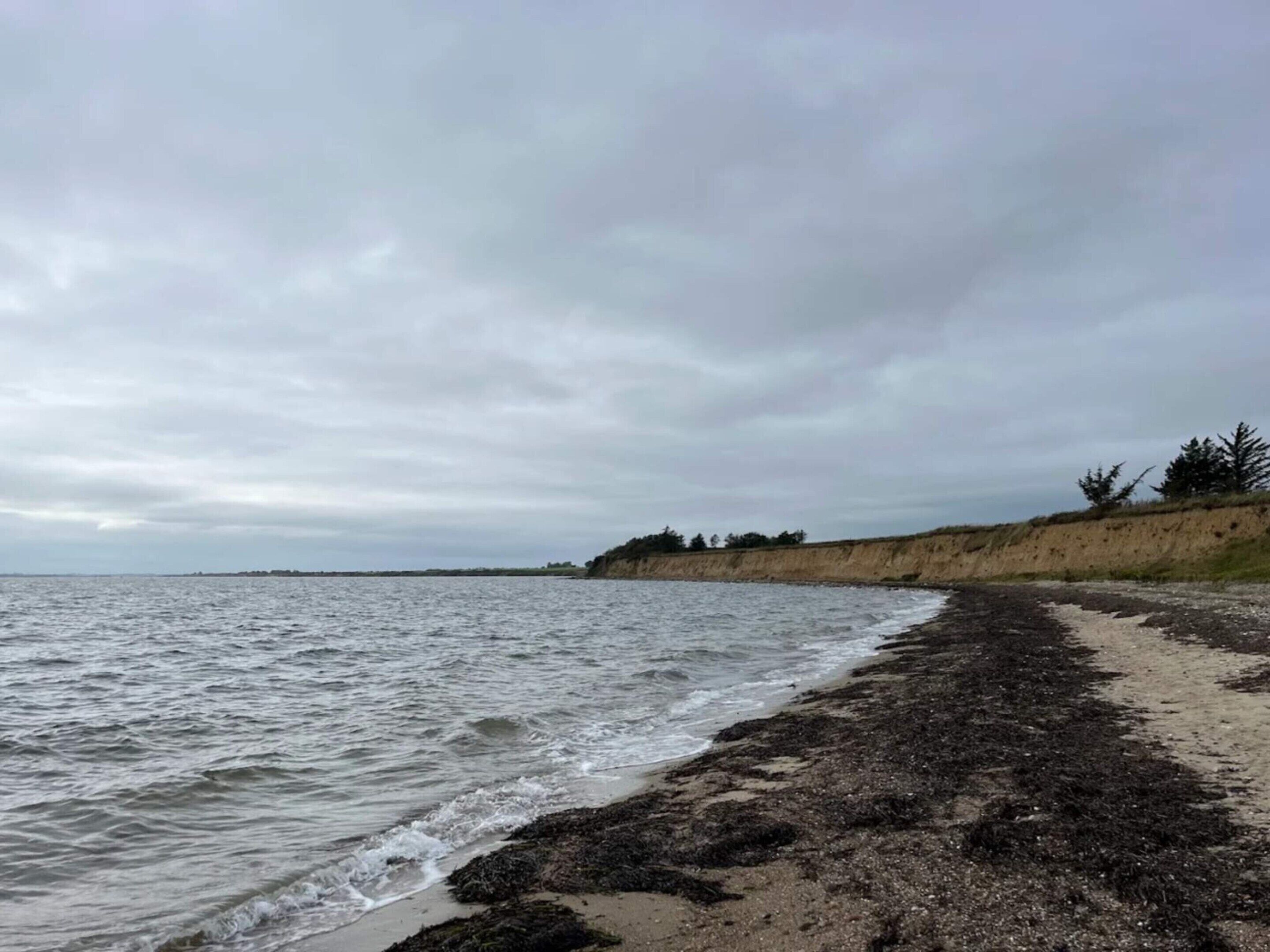 En strand med en sandstrand och en klippa i bakgrunden.