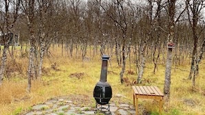 Een terras met stenen bestrating, een barbecue en een houten bank, gelegen in een bebost gebied.
