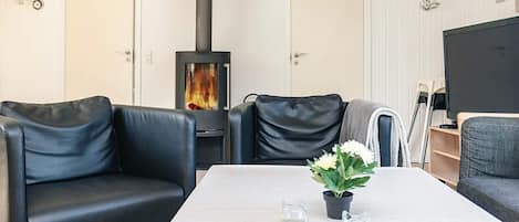 A living room with a black wood-burning stove, leather sofas, a white table, and a potted plant.